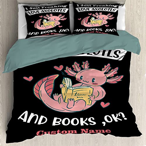 TERSTIN Parure de lit 3 pièces Axolotls et Livres - Parure de lit complète pour toutes les saisons - Facile d'entretien - Légère - Queen size - 230 x 230 cm