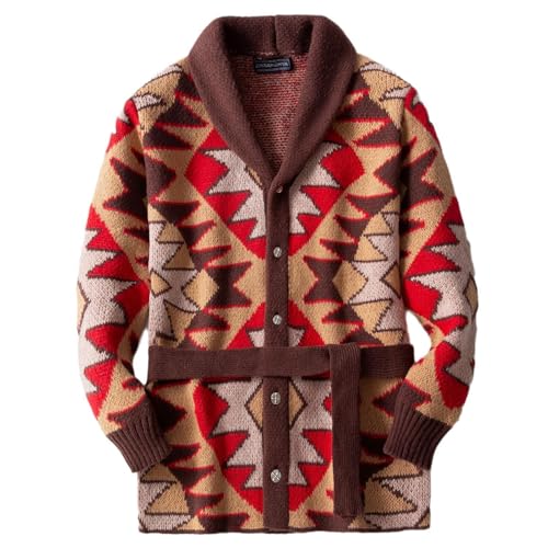 Dgoopd Western Aztec Sweaters for Men Vintage Shawl Collar Sweater Button Down Long Sleeve Knit Sweaters with Belt