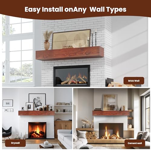 Image of Fireplace Mantel - Floating Mantel Shelf, Wood Mantels for Over Fireplace, Wall-Mounted Mantels, Weight Capacity 60lbs, 60 X 9 X 6 inch, Brown