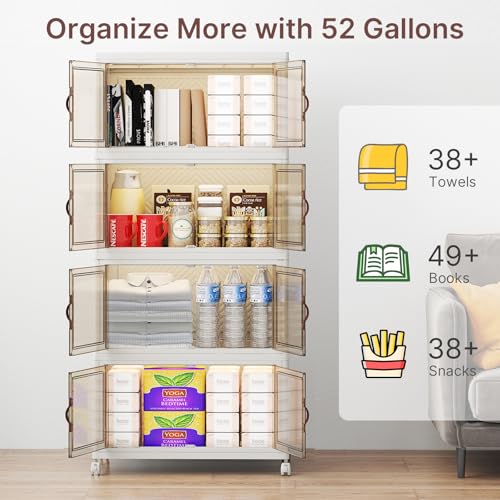 Image of UAMFURI Stackable Storage Bins with Lids, 384QT Lockable Storage Cabinet | Folding Storage Box with Doors and Wheels, Collapsible Plastic Drawers for Home, Garage, Office