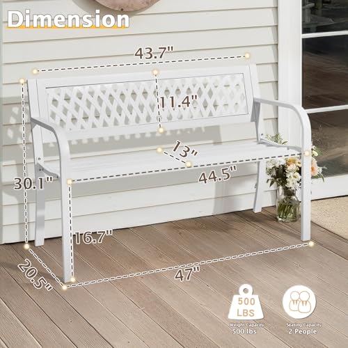 Image of VINGLI 47'' Outdoor Bench, Weather Resistant Garden Patio Bench Powder Coated Iron Frame w /PVC Mesh Backrest Slatted Seat, 2-Person Outdoor Furniture for Front Porch Entryway Park (White)
