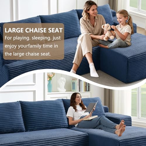 Image of 96.1 inch Modular Sectional Sofa Couches L-Shape Couch 3 Seat Modular Sofa Corduroy Memory Foam Sectional Boneless Couches for Living Room, Cloud Couch with Oversized Chaise(Blue, Right Facing)