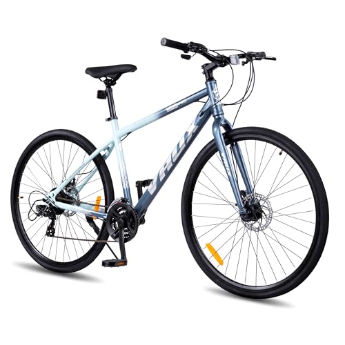 Image of Vaux City-Pro Hybrid Cycle for Adults with 21 Speed Shimano Gears| 19 Inch HI-Ten Steel Frame| Dual Disc Brakes| 700x35C Tyres|Double-Wall Alloy Rims(Nardo-Grey, Multispeed, Rigid Fork)