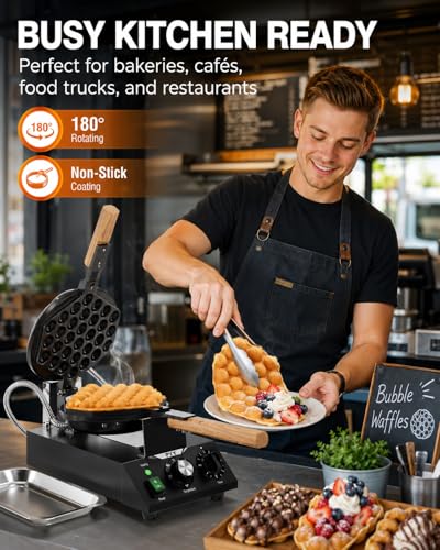 Image of PYY Bubble Waffle Maker - 1500W Commercial Waffle Iron, 122-482℉ Electric Stainless Steel Egg Puff, Non-Stick Coating, 180 Rotating, Hong Kong Round Cones, Black