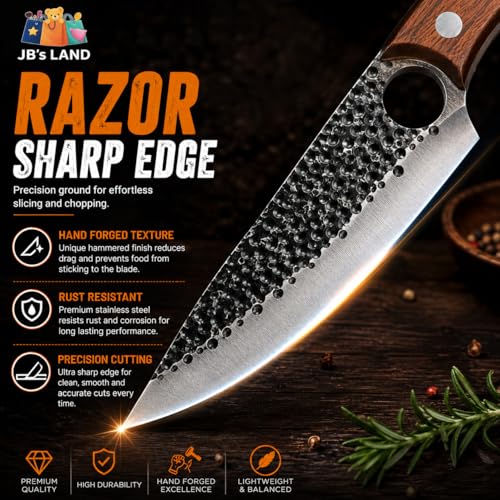 Image of JB'S LAND Hand Forged Chef Knife 8 Inch | Razor Sharp High Carbon Stainless Steel Kitchen & Butcher Knife with Full Tang Wooden Handle, Leather Sheath for Meat, Fish, Vegetable & BBQ Cutting