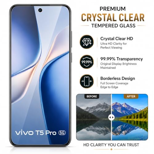 Image of ArmourPro 3D Borderless Tempered Glass for Vivo T5 Pro, HD Clear Curved Edge to Edge Screen Protector, 9H Hardness, Oleophobic Coating, Case Friendly | Pack of 1