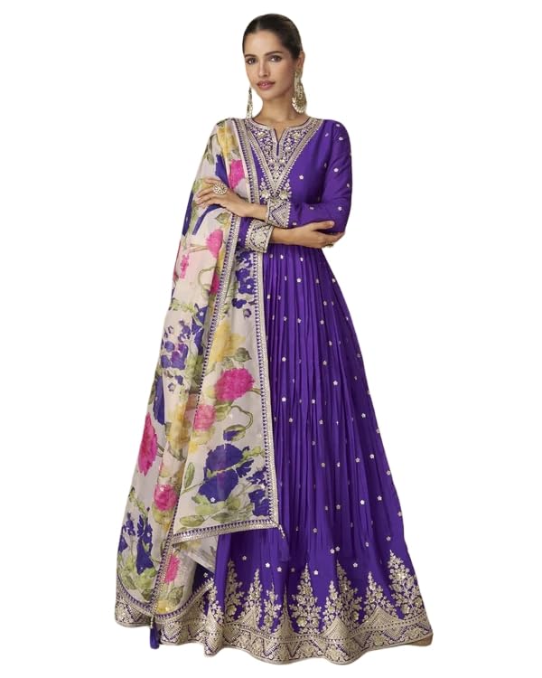 Miss Ethnik Women's Purple Chinon Stitched Gown with Dupatta Full Sleeve Embroidered A-Line Gown (ME-1306)