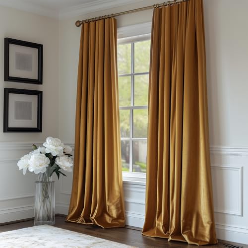 Lazzzy Velvet Blackout Curtains Brown Thermal Insulated Drapes for Bedroom Living Room 108 Inches Extra Long Window Treatments Super Soft Luxury Rod Pocket 2 Panels Gold Brown