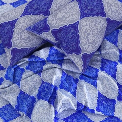 Image of ROMEE Elegant Geometric Printed Glace Cotton Double Bedsheet, 144 TC Soft Feel, Queen Size (90 x 100 Inches), with 2 Pillow Covers, Blue & White