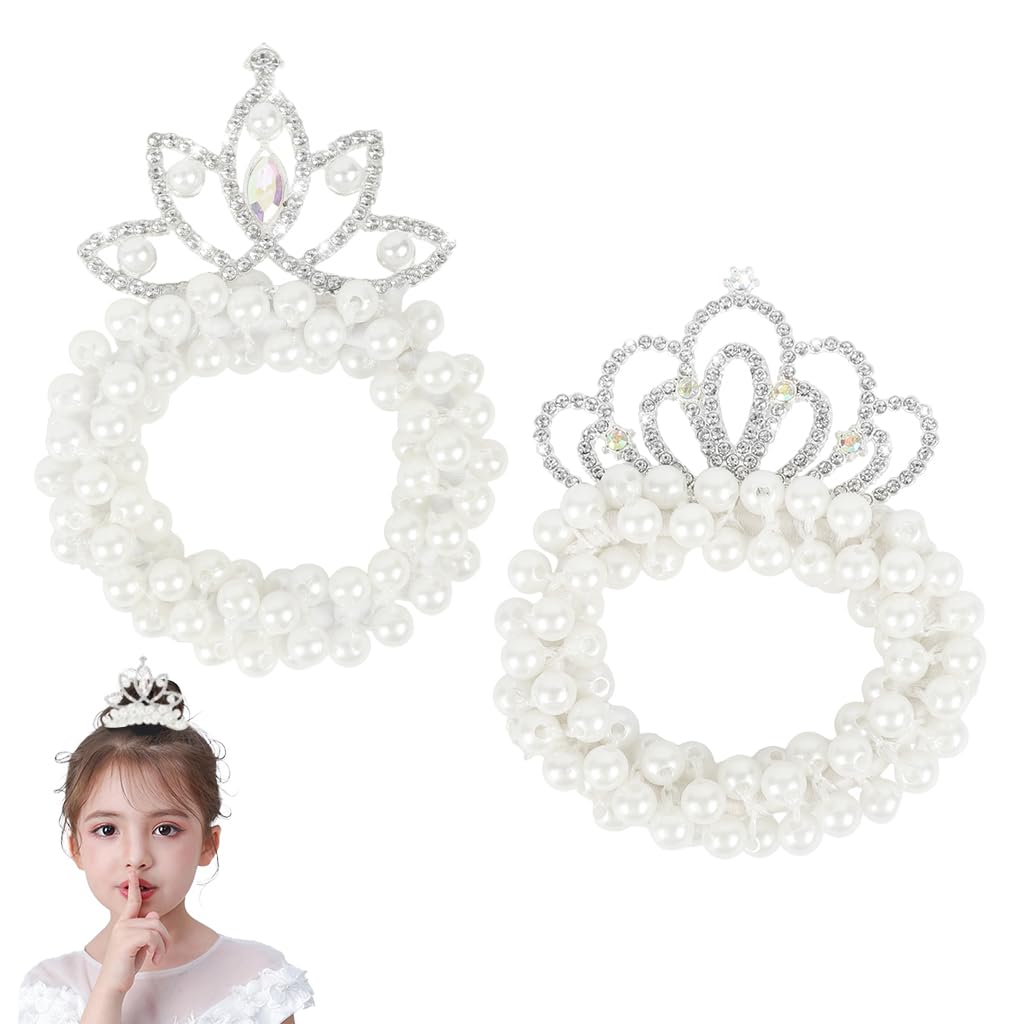 ZIBUYU® 2 Pcs Princess Crown Pearl Kids Hair Accessories Hair Band for Girls Kids, Ponytail Holder & Scrunchies Headband, Crown for Girls Gift Weddings, Parties & Daily