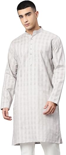 Majestic Man Men's Pure Cotton Textured Check Mandarin Collar Long Kurta