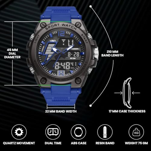 Image of V2A Stryke 45mm Analog Digital Sports Watch for Men | Hybrid Layered Dial | Alarm Stopwatch Backlight Day Date | TPU Strap | 30M Water Resistant | Gift for Mens