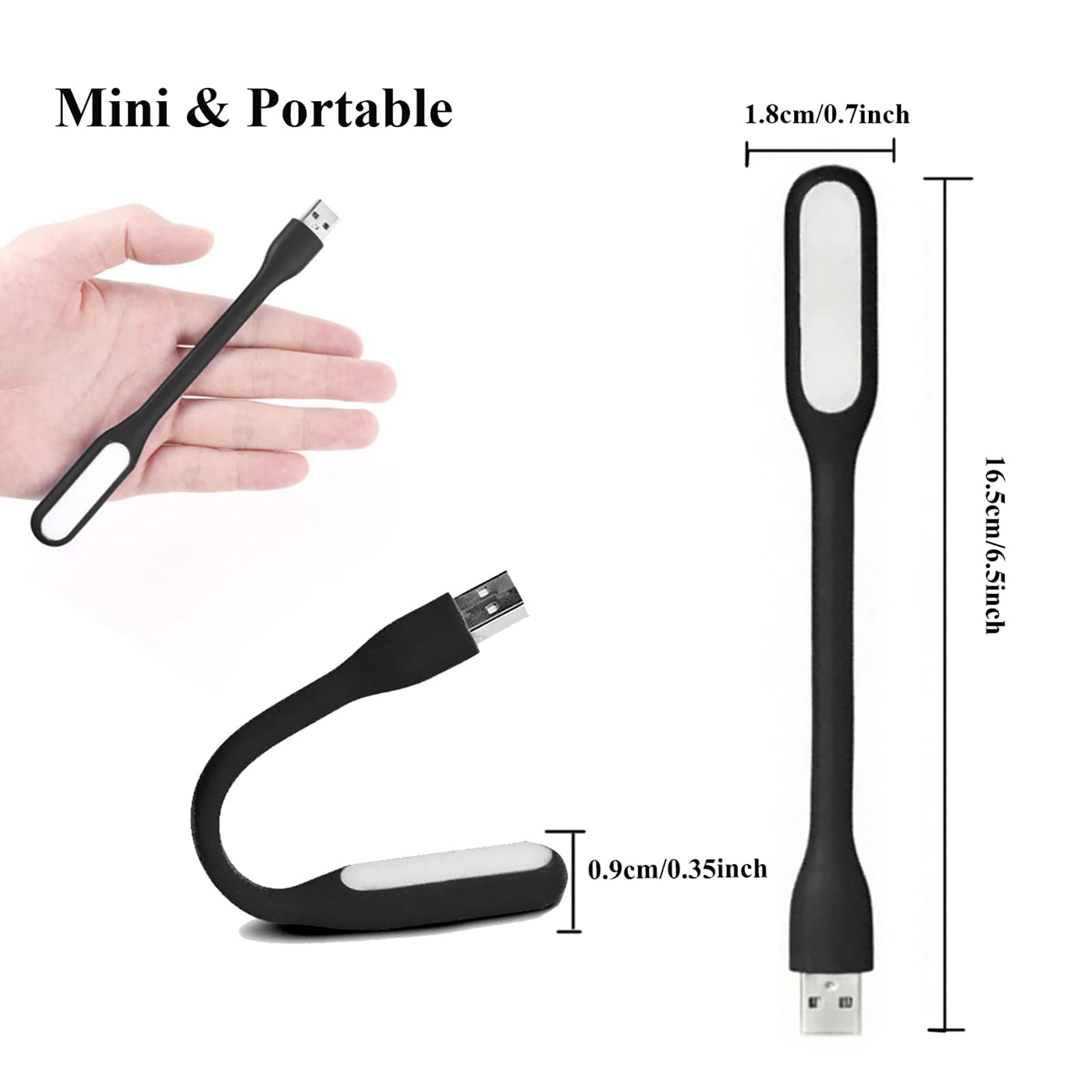 Mini luce flessibile, portatile, USB, lampada notturna a LED per lettura, per PC, laptop, computer, notebook, power bank, confezione da 2 (nero)