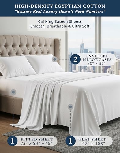 Image of LANE LINEN Deep Pocket California King Sheet Set Sateen Weave - White | California King Cotton Sheets - 4-Piece Set, For A Luxurious Night's Sleep, For A Silky Hotel-Style Bed, Luxe Sheen