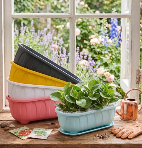 Image of Plastic Rectangle Round Corner Flower Pots with Drainage Hole Saucers Durable Outdoor Indoor Planters with Tray Plant Containers for Balcony, Garden, Home & Office (Set of 5 Multi)