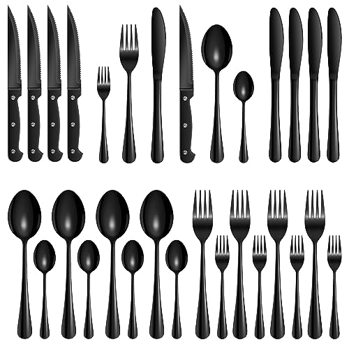 Velaze Set di Posate da Tavola per 4 Persone, Set 24 Pezzi in Acciaio Inox 18/10, Posate Servizio 8 Cucchiai, 8 Forchette, 8 Coltelli, Lavabile in Lavastoviglie - Nero