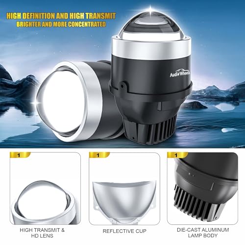 Image of Audio Wheels 3 Inch Universal LED Projector Fog Lamp - 120W, White-6000K (15000LM) with Blue Tint Film | 12V /24V Car Projector Fog Light for Vehicle Modification | 1-Year Warranty