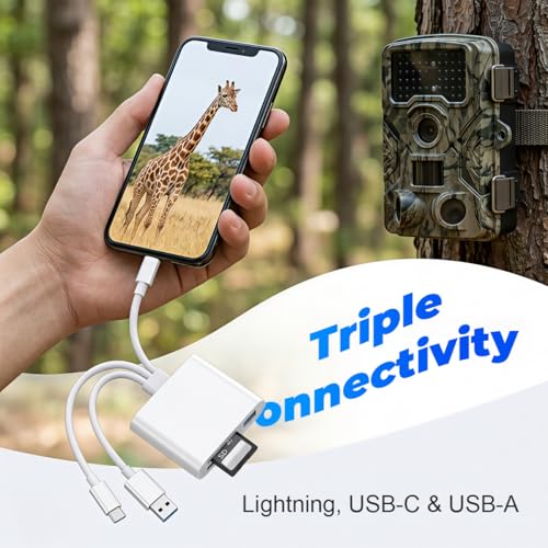 Image of Verilux 3-in-1 SD Card Reader for iPhone iPad Mac, Multi Lighting & USB-C & USB-A Memory SDCard Adapter, Support SD /MicroSD /USB OTG, High-Speed Trail Camera Viewer, Portable No App Plug & Play
