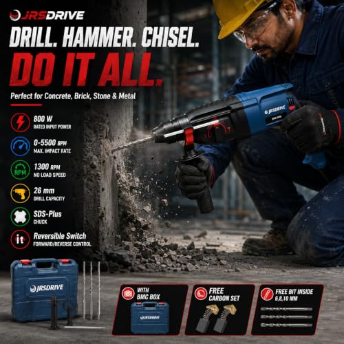 Image of EASTMAN EHD-26N Corded Electric Rotary Hammer Drill with SDS Plus, 800 W, 26 mm Drilling Capacity, 0-5500 BPM, 1300 RPM, Reversible Switch, BMC Box, Free Carbon Set & Drill Bits 6 /8 /10 mm, Blue