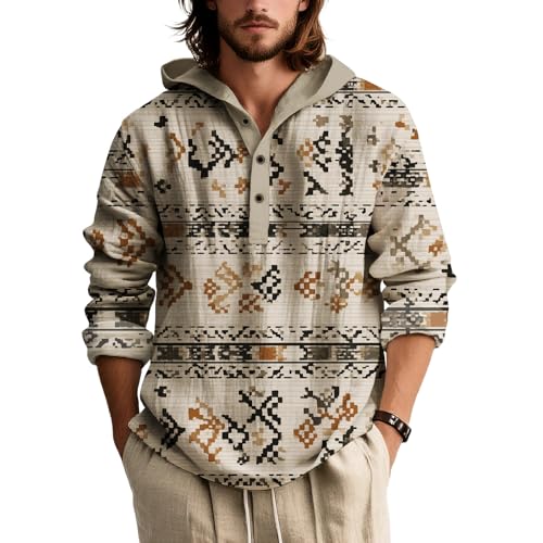 ZOCANIA Men's Hoodies Sweatshirts Western Aztec Pullover Shirts Baggy Sweatshirt Vintage Henley Collar Sweatshirts