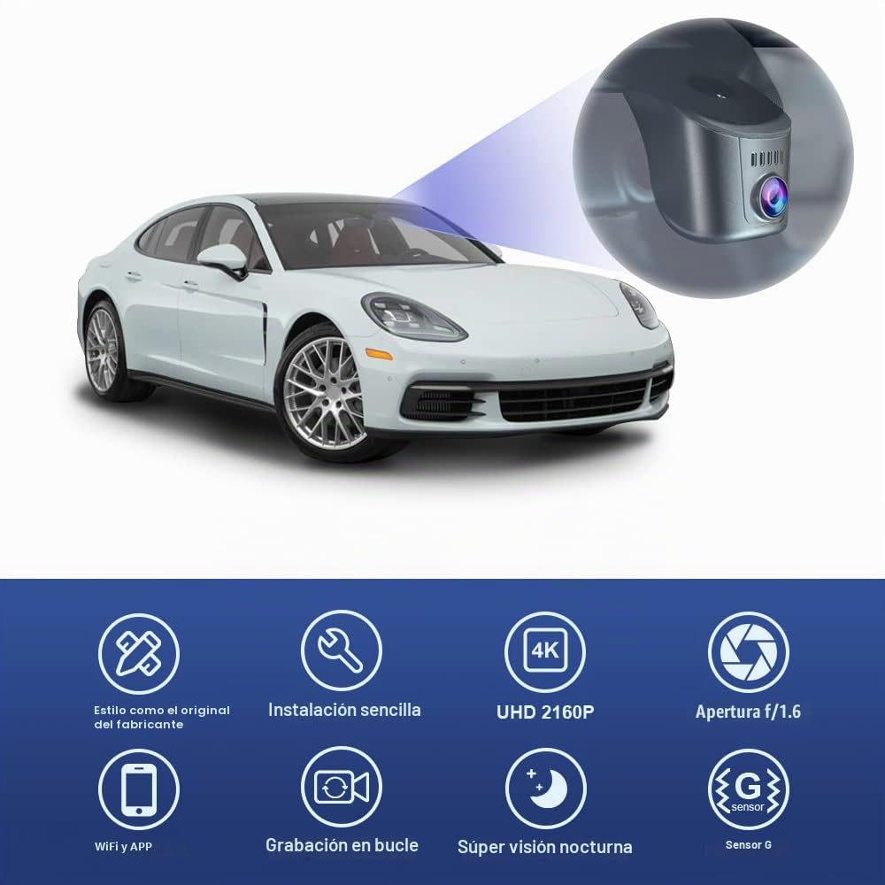 Fitcamx Dashcam Adecuada para Porsche 911 (992), Cayenne (9YA 9Y0 9Y3), Panamera (971) y Taycan(Modelo A), 4K 2160P OEM vídeo WiFi Dash CAM, Sensor G, Monitor de Aparcamiento, WDR, Tarjeta de 64 GB