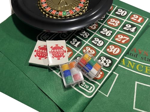 ROULETTE & BLACKJACK SET - LARGE WHEEL 2 X PLAYING MATS BALLS MARKER 2 PACKS OF CHIPS 2 X PLAYING CARDS