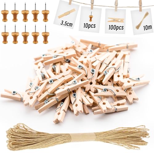 111 Pieza Mini Pinzas de Madera, 3,5 cm Pinza de Decoración de Fotos DIY Pequeñas Con Estacas y Cuerda de Yute Clip Para Colgar Fotos y Decorar Fotografías (Colores de Madera)