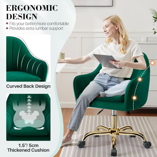 Image of Vanity Chair with Wheels, Comfy Home Office Desk Chairs Adjustable Modern Velvet Makeup Vanity Chairs for Bedroom Living Room-Green