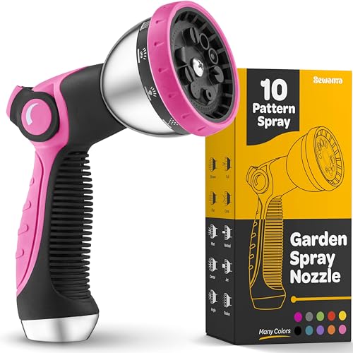 Image of Hose Nozzle [Pink] Heavy Duty Hose Sprayer With 10 Adjustable Watering Patterns. Thumb Control Design, Comfortable Ergonomic Grip, Garden Hose Nozzle for Watering Plants & Lawns /Fun showers /Cleaning