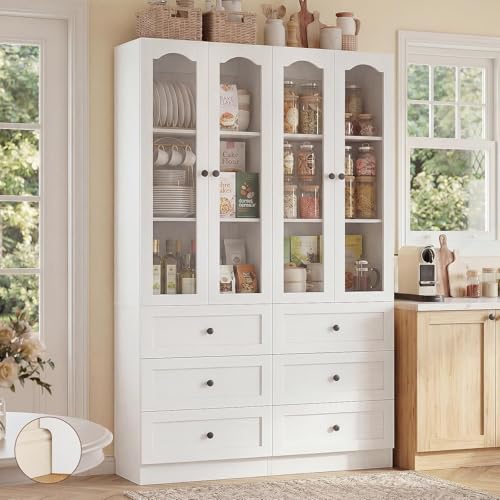 Image of Cyclysio 80 inch Tall Pantry Cabinet for Kitchen Storage, 2 Set White Pantry Cabinet with Glass Doors & 3 Drawers - Freestanding Storage Bookcase with Built-in Baseboard Notch for Dining, Living Room