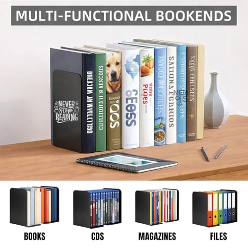Image of 2 Heavy Duty Metal Bookends for Books | File, CD, Book Holder, & Durable Book Stand for Home, Office, School & Study Table Heavy Duty bookends (Set of 2) (Never Stop Reading)