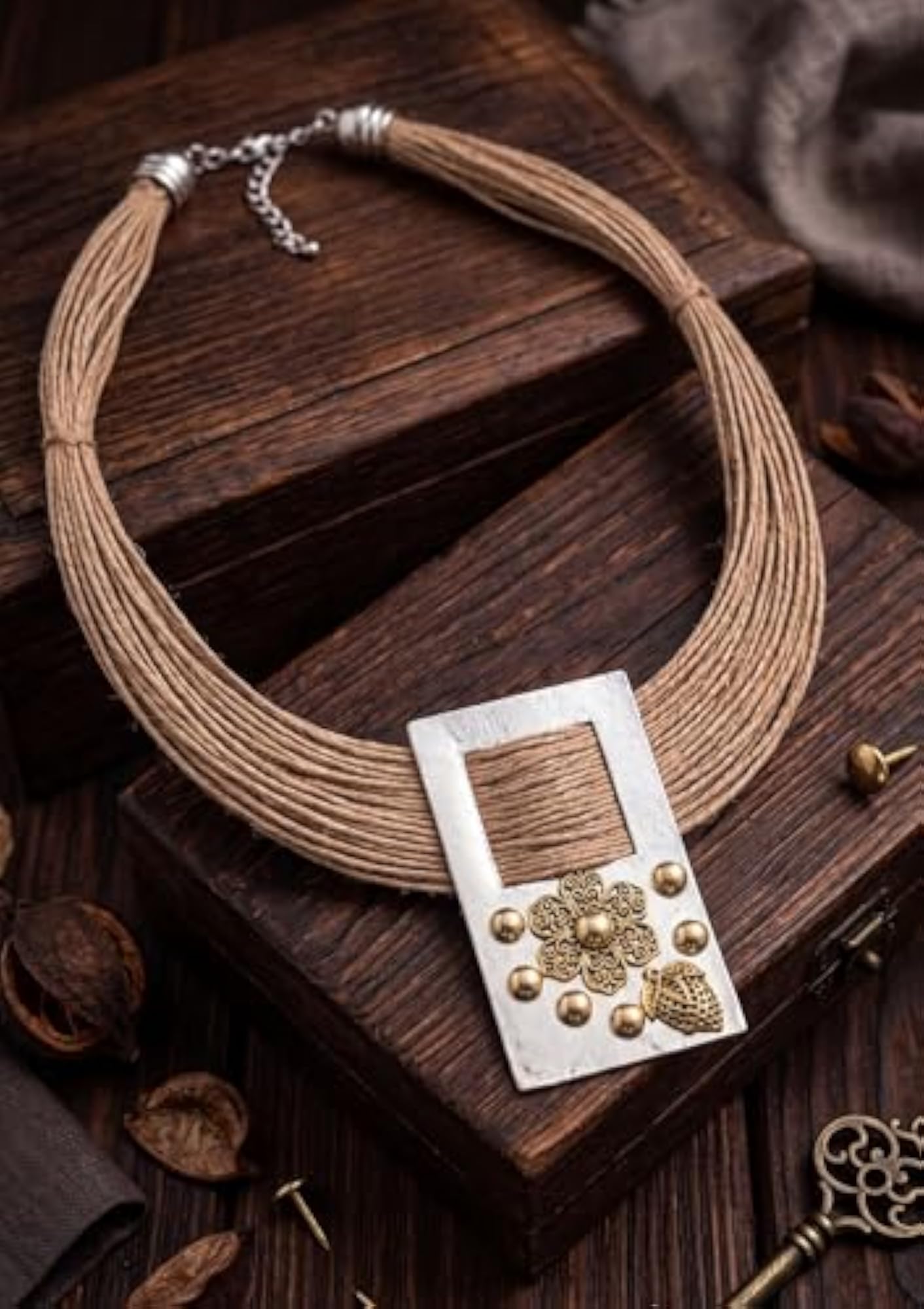 Ethnic Designer Jute Thread Oxidised Silver Kundan Necklace for Women