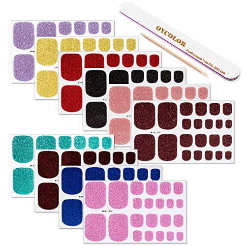 DANNEASY 10 Sheets Adhesive Toe Nail Polish Wraps Strips Glitter Nail Art Stickers Decals Manicure Kit for Women 1Pc Nail File + Wood Cuticle Stick