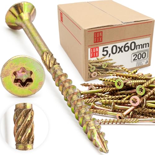 LUN FIX Spanplattenschrauben 5x60 mm 200 stk TX10 I-Stern Holzschrauben Terrassenschrauben Senkkopf Universalschrauben Gelb Verzinkt Torx Schrauben Set Holzbauschrauben für Möbelbau