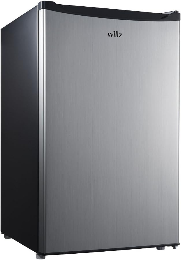Willz WLR35S1 Compact Refrigerator, 3.5 Cu.Ft. Single Door Fridge, Adjustable Mechanical Thermostat with Chiller, 2 Removable glass shelf, 1 Power Cord, Stainless Steel Look