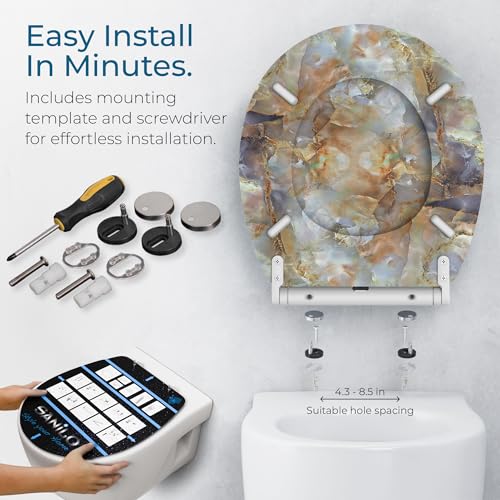 Image of Sanilo Wooden Toilet Seat with Quick Release & Soft Close [ROUND] - Decorative & Slow Close Molded Wood Seat - With One Click for Easy Installation & Cleaning - With Adjustable Fit (Marble Brown)