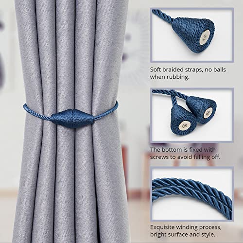 Pretty Jolly 2 Pack Upgrade Magnetic Curtain Tiebacks 16 Inch Handmade Weave Rope Curtain Holdbacks Convenient Decorative Cone Curtain Drape Tie Backs for Home & Office Window Drapery (New Navy) - Image 3