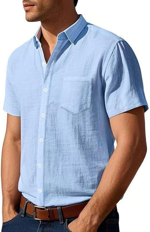 Men's Linen Shirt - Short Sleeve Button Down Collar Solid Casual Shirts with Pocket for Vacation Business - Image 2