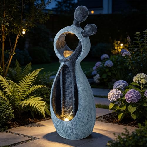 Image of Human Embrace Outdoor Water Fountain, Resin with LED, 39.8 in | Cascading waterfall design, freestanding feature, decorative ornament for patio, backyard, porch and home
