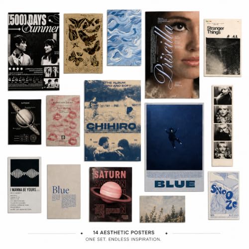 Image of 14 Piece Blue Aesthetic Poster Set | 300 GSM Multi-Sized Wall Posters with Adhesive Tape | Movie, Music & Vintage Art Prints for Bedroom, Room Decor, Home Decor, Living Room & Wall Art