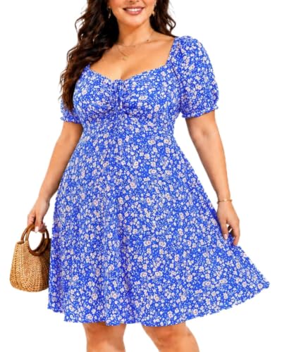 Image of Pinup Fashion Plus Size Summer Casual Puff Sleeve Sweetheart A Line Dress | Breathable fabric, ruched tie front, smocked back babydoll, for beach, vacation, homecoming party, dating