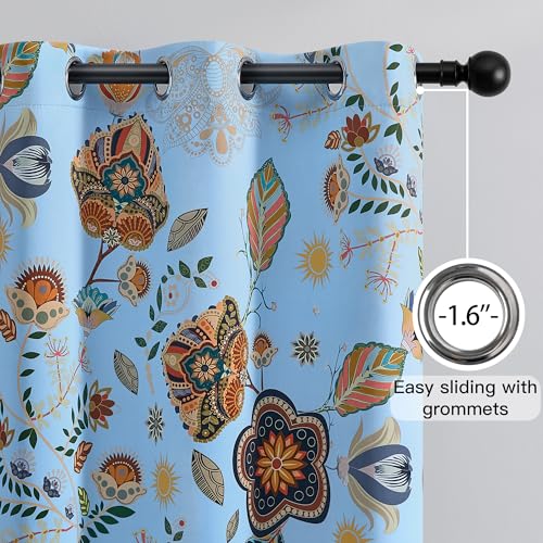 Image of XiDi Light Blue Patterned Curtains 96 Inches Long Blackout Floral Curtains | Aesthetic Pretty Drapes for Dining Room Modern Farmhouse Vintage Curtains Grommet Window Treatment Set of 2 Panels 52Wx96L