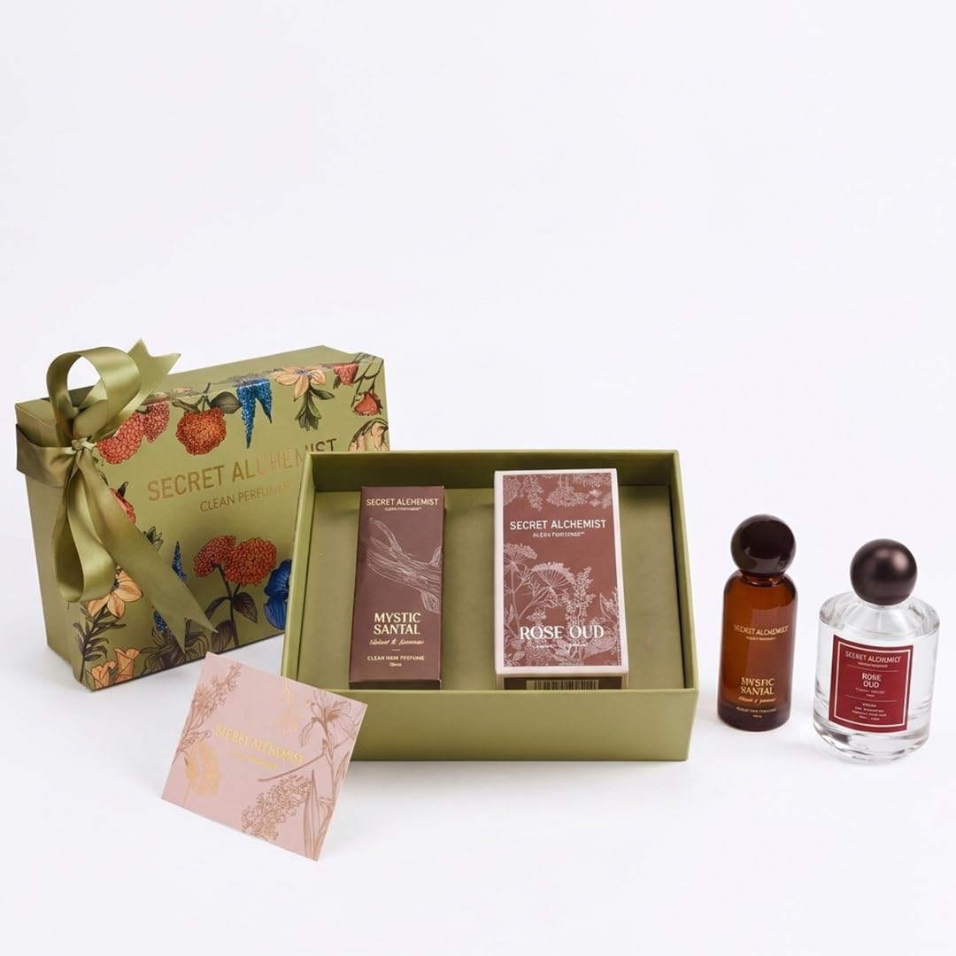 secret alchemist layering edit rose oud eau de parfum100ml & mystic santal hair perfume 50ml gift set of 2 | long lasting high concentration