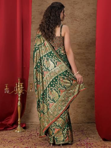 Image of Satrani Women's Crepe Foil Printed Weaving Banarasi Saree with Unstitched Blouse Piece