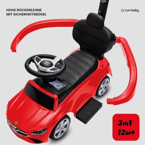 sun baby Rutschauto ab 1 Jahr Mercedes C-Class, Kinderfahrzeug für Jungen und Mädchen mit hohe Rückenlehne, Audio-Lenkrad, ausziehbare Fußstützen, Staufach (Rot)