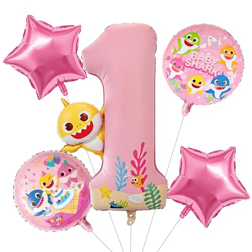 Image of PartyWoo Baby Shark Pink Foil Number 1 Balloon 5pcs 40 18 Inch Pink Round Star Mylar Helium Birthday Balloons for Boys and Girls Baby Shark Under the Sea Ocean Kids First Birthday Party Decorations