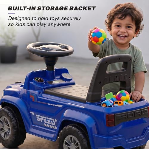 Image of Baybee Speedy Baby Ride on Car for Kids | Portable Kids Car with LED Lights, Music & Storage Basket | Push Toy Cars with High Backrest | Toddler Rideons Jeep for 1 to 3 Years Boys Girls (Blue)