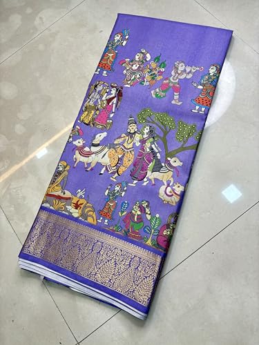 Image of Kalamkari Floral Prints Dola Silk Saree With Rich Zari Border Designer Pallu Attach Blouse Piece