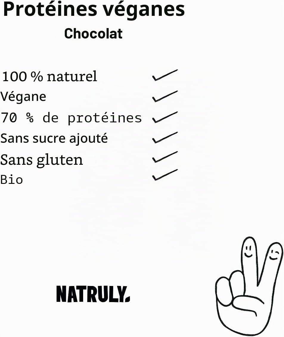 NATRULY Proteine Vegan BIO Chocolat, 81% Protéine, 100% Naturel Sans Sucre, Sans Gluten, Sans Lactose -350g