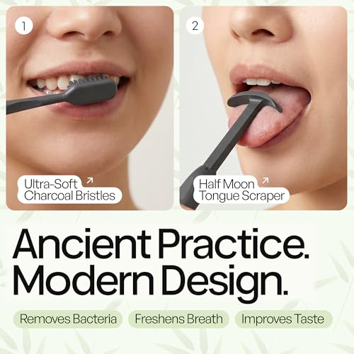 Image of TOKII Tongue Scraper & Tongue Cleaner for Adults, 2-in-1 Toothbrush with Sliding Tongue Scraper, Charcoal Ultra Soft Bristles, Ayurvedic-Inspired, Includes Travel Toothbrush, Stand & Waterproof Pouch